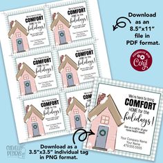 four pink and brown house labels with the words comfort holidays on them, including an image of