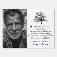 an old man with a tree in the background and a poem on it that says, i