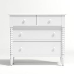 a white dresser with three drawers and two knobs on each drawer, in front of a plain background