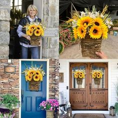 sunflowers are arranged in baskets on the front door and behind them is a woman holding a basket with flowers