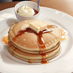 a stack of pancakes covered in syrup on a white plate with a bowl of whipped cream