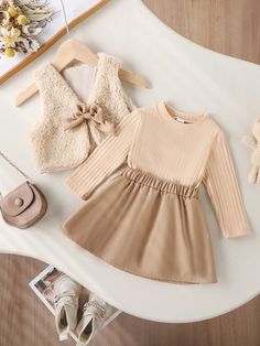 3pcs Baby Girl Elegant Fluffy Skirt Set With Beret Hat, Fall/Winter Clothes Khaki     Plain  Non-Stretch,Medium Stretch Fall/Winter Baby Girls Clothing, size features are:Bust: ,Length: ,Sleeve Length: Fluffy Skirt, Uniform Dress, Winter Baby, Fall Essentials, Beret Hat, Long Sleeve Knit Tops, Baby Winter, Winter Clothes