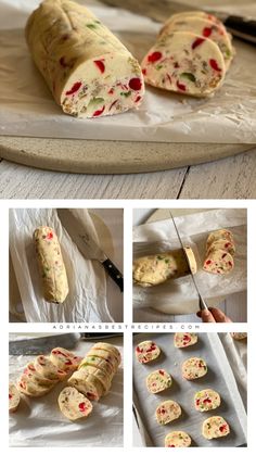 the process of making cookies is being made by using rolled dough and sprinkles