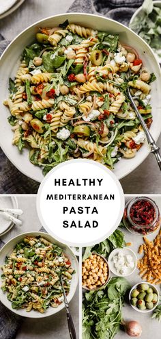 healthy mediterranean pasta salad with spinach, tomatoes, olives and feta cheese