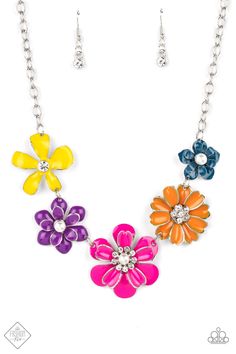 A row of colorful flowers blooms to life along the collar, creating a vibrant statement piece. Each flower features a different centerpiece, flawlessly sprinkling the design with whimsical sparkle and shimmery pearls. Silver edging outlines some of the layered petals, emphasizing the handcrafted character of the design. Features an adjustable clasp closure. Sold as one individual necklace. Includes one pair of matching earrings. Multicolor Flower-shaped Jewelry For Summer, Elegant Multicolor Flower-shaped Jewelry, Unique Multicolor Flower Pendant Necklace, Unique Multicolor Flower Necklaces, Whimsical Multicolor Flower Necklace, Paparazzi Fashion, Paparazzi Accessories Jewelry, Multi Necklace, Bling Necklace