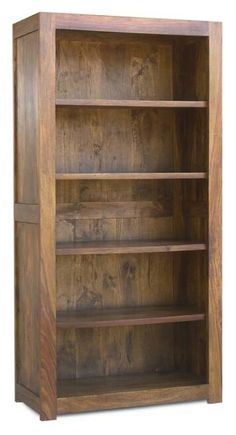 a wooden bookcase with three shelves on each side