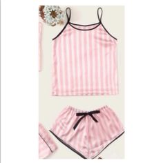 Beautiful 2 Piece Pajama Set With Black Pin Stripe Accent Satin Look And Feel Tank Top Elastic Waste Shorts 97% Polyester 3% Spandex Casual Pink Bedtime Sets, Pink Summer Loungewear Sleepwear, Pink Summer Sleepwear For Bedtime, Pink Sleepwear For Summer, Pink Summer Sleepwear For Lounging, Cute Pink Loungewear Sets, Pink Spring Lounging Sets, Pink Summer Bedtime Sets, Pink Spring Bedtime Sets