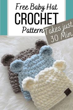 two crocheted hats with the text free baby hat pattern take just 30 minutes