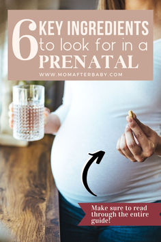 a pregnant woman holding a glass of water and pointing to her belly with the text 6 key ingredients to look for in a prenatal