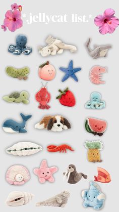 a bunch of different types of buttons on a white background with the words jellycat list