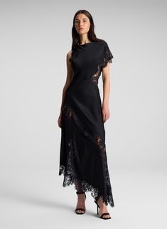 woman wearing black one shoulder lace dress Satin Dress With Lace, Shower Outfits, Black Outfits, Lace Camisole, Strappy Sandals Heels, Satin Maxi Dress, Satin Midi Dress, Lace Maxi, Viscose Fabric