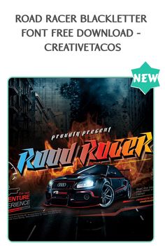 an advertisement for the road racer game, featuring a black car with flames on it