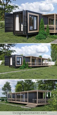 three pictures of different types of shipping containers in the grass with trees and bushes around them