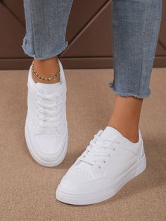 Color:White \nMaterial:PU Leather \nPower Supply:None \nOutsole Material:Rubber \nUpper Material:PU Leather \nActivity:Daily & Casual \n White Athletic Sneakers, Casual Athletic Shoes, Casual Athletic, Athletic Sneakers, Sports Shoes, Minimalist Style, Minimalist Fashion, Outdoor Sports, Lace Front