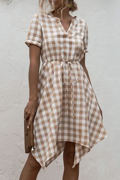 Fashion Casual Plaid Split Joint V Neck Irregular Dress Dresses Tartan Clothing, Evening Midi Dress, Red Black Style, Dress Weights, Dress Sleeve Length, Trendy Fashion Outfits, Dresses 2020, Khaki Dress, Sleeve Dresses