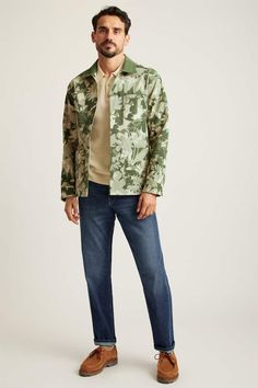 The classic French chore gets an artistic update: original print, a bit of stretch & pockets a-plenty. Casual Green Outerwear With Welt Pockets, Casual Outerwear With Floral Print And Relaxed Fit, Logo Search, Chore Jacket, Original Prints, Swim Shorts, Birthday Ideas, Blazer Suit, Jean Shirts