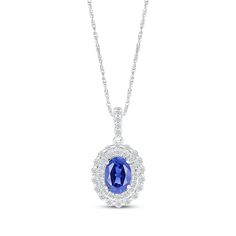 Sure to please, the dainty look of this tasteful pendant is a meaningful anytime gift. Crafted in sterling silver An oval-cut blue lab-created sapphire gleams at the center Two rows of round-cut white lab-created sapphires create a scallop-edged halo around the centerpiece More white lab-created sapphires shimmer along the bail The 18-inch rope chain secures with a spring ring clasp Blue Oval Pendant Necklace For Anniversary, Formal Blue Oval Pendant Necklace, Blue Oval Birthstone Necklaces, Blue Oval Pendant Necklace With Birthstone, Blue Birthstone Necklace With Oval Pendant, Blue Oval Birthstone Necklace, Classic Blue Round Pendant Necklace, Halo Necklace, White Lab