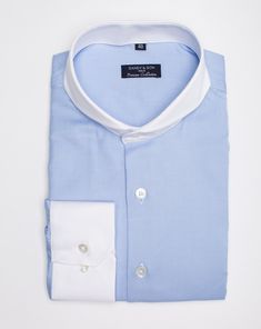 Extreme Cutaway Blue Premium Contrast Shirt - DANDY & SON Classic Fitted Shirt With Contrast Collar, White Dress Shirt With Striped Collar For Work, White Cotton Dress Shirt With Striped Collar, Formal Fitted Tops With Contrast Collar, Formal Fitted Top With Contrast Collar, Elegant Top With Striped Fold Down Collar, Elegant White Dress Shirt With Striped Collar, Elegant White Top With Contrast Collar, Elegant Top With Striped Spread Collar