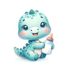 a cute blue baby dinosaur holding a bottle