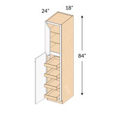 the measurements for a tall cabinet with drawers and shelves on each side, including one door open