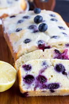 slices of lemon blueberry bread on a cutting board