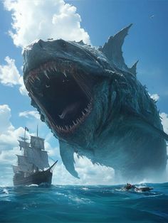 a giant shark attacking a ship in the ocean