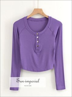 Women Ribbed White Long Sleeve O Neck front Buttons Cropped top T- Shirt Basic style Cheap Casual Purple Shirt, Cheap Solid T-shirt With Buttons, Cheap Purple Long Sleeve Tops, Cheap College T-shirt With Ribbed Cuffs, Cheap Tops With Snap Buttons, Lavender Tops With Button Closure, Cheap Purple Shirt With Pockets, Cheap Ribbed Button-up Tops, Cheap Seamless Purple Tops