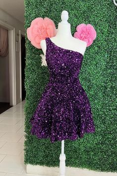 2022 one shoulder purple sequin A-line short homecoming dress party dress Sweet 16 Dresses Short, Purple Sweet 16, Purple Homecoming Dress, Homecoming Formal Dresses, Sequin Short, Short Homecoming Dress, Sequin Shorts, Sweet 16 Dresses, Dressed To Kill