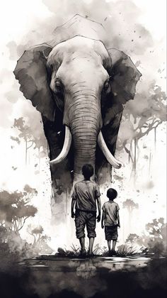 two people standing in front of an elephant