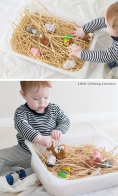 two photos of a toddler playing with eggs in a nest