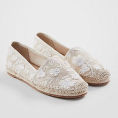 Ann Taylor $138 Color: Natural/ Beige & White. Rounded Toe. Beautiful White Floral Embroidered All Over The Shoe. Jute Roping Along The Midsole. Flat Style. Cushioned Insole For Comfort. Slip On Style Material Fabric Lining, Fabric Upper, Rubber Sole Condition. New In Box Elegant White Espadrilles For Spring, Embroidered Espadrilles, Leopard Espadrilles, Blue Espadrilles, Heeled Espadrilles, Embroidered Flats, Over 60 Fashion, Wedge Espadrilles, Embroidered Shoes