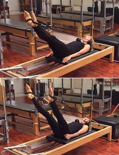 a woman is doing pivots on a bench in the middle of a gym