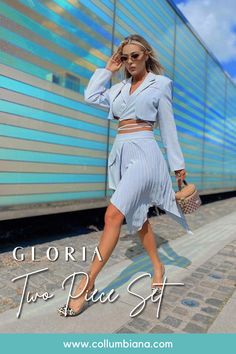 The Gloria two piece set is one of our new arrivals! This elegant and stylish two piece set is perfect for any occasion. It features blazer top with matching skirt. Style with heels for a chic look! #womanfashion #fashion #clothes #outfits Blazer Top, Skirt Style, Asymmetrical Skirt, Long Sleeve Blazers