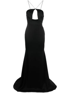 black cut-out detailing V-neck spaghetti straps floor-length Elegant Evening Maxi Dress With Cutout, Evening Halter Neck Maxi Dress With Cutout, Cutout Floor-length Maxi Dress For Gala, Elegant Maxi Dress With Cutout Details, Backless Maxi Dress For Black-tie Events, Floor-length Cutout Maxi Dress For Gala, Formal Black Maxi Dress With Cutout, Floor-length Cutout Maxi Dress For Evening, V-neck Cutout Maxi Dress For Evening