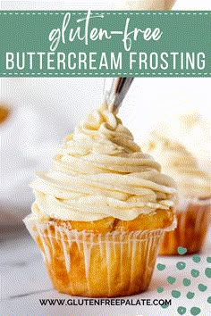 a cupcake with frosting on top and the words gluten - free buttercream frosting above it