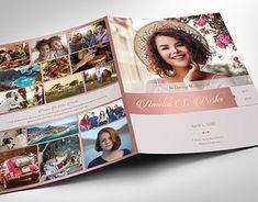 an open brochure is shown with photos and words on the front, in pink