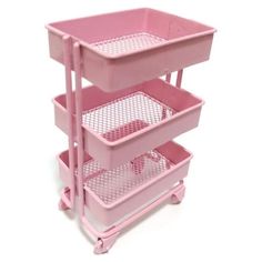 three tiered pink plastic storage cart with mesh baskets