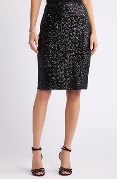 A night-out take on a classic pencil silhouette–this elevated skirt is covered in dazzling light-catching sequins. Lined 95% polyester, 5% spandex Hand wash, dry flat Imported Sequin Pencil Skirt, Pencil Silhouette, Autumn Sales, Fabric Gift Bags, Fabric Gifts, Free Fabric, Black Fits, Womens Bottoms, Pencil Skirt