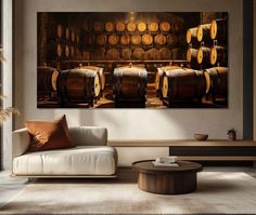 a living room filled with furniture and lots of barrels