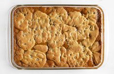 a baking dish filled with chocolate chip cookies