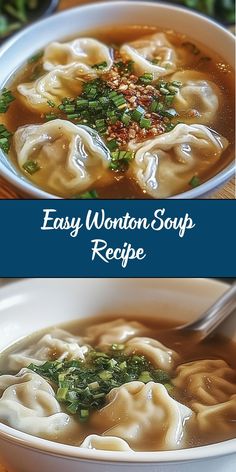 two pictures of wonton soup with broccoli in it