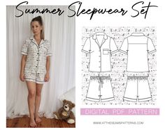 STYLE DESCRIPTION The Summer Sleepwear Set is a timeless and classic pyjama set that can be made up in silk, cotton or flannelette. The top features a feminine rounded collar with piping detail. The piping detail carries across to the sleeve and patch pocket. The short features piping detail at the hem and a 1cm frill on the top edge of the waistband. The drawcord is functional and feeds through 2 button holes at the center front. Suitable for more advanced sewers, this set requires some harder sewing skills, including a set in sleeve, collar, button and button holes, and piping.  SEWING ABILITY  Advanced SIZES - XS-XL AU-UK 6-14 US 2-10 EU 34-42  SIZE XL-5XL - available for purchase here: https://www.etsy.com/au/shop/AtTheSeamsPatterns?ref=seller-platform-mcnav&section_id=35318767 Coordin Pj Sewing Pattern, Summer Sleepwear, Pajama Pattern, Classic Pajamas, S Letter, Summer Pajamas, Summer Set, Sleepwear Sets, Sewing Skills