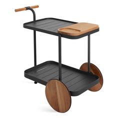 a black and wood cart with wheels