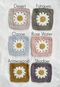 four crocheted squares with flowers on them