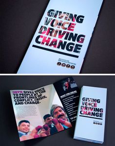 two brochures with the words giving voice driving change printed on them