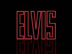 the word elvis spelled in red letters on a black background with reflective lights and reflections