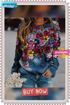 Casual Long Sleeve Sweater Floral Print Long Sleeve Sweatshirt For Fall, Multicolor Graphic Print Sweater For Spring, Casual Floral Print Tops For Winter, Multicolor Graphic Print Spring Sweater, Casual Winter Sweatshirt With Floral Print, Casual Winter Floral Print Sweatshirt, Blue Floral Print Tops For Winter, Blue Floral Print Top For Winter, Winter Blue Floral Print Tops