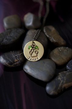 a gold necklace with a hand stamped initial and two green leaves on it sitting next to some rocks