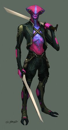 an alien is holding two swords in his hand and wearing pink skin on its face