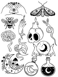 a black and white drawing of various items in the shape of an eye, skull, butterfly